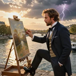 mcgregor is dressed as a gentleman at early 2 0 th century paris. he is watching an easel. that easel has a canvas on it. ewan mcgregor has a brush on his hand. he is painting a painting. there is a small brown cat with yellow eyes on ewan mcgregors feet. on background has river seine, morning sun, golden lights, dark clouds, lightning, by jack kirby