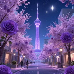 purple sakura street + beautiful paintings in the city area, tall tower with purple rose, a large number stars, soft blue lighting, ue 4, marmoset kit hd