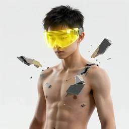 yong boy destroyed to pieces with glowing yelow visor as a realistic scifi cyberpunk, torso, art by james jean and greg rutkowski,, realistic face, like anime, digital art, concept art, trending on artstation, 8 k