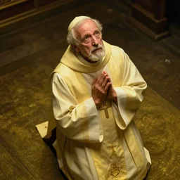 An old catholic priest kneeled in fervent prayer. He is looking above him. His eyes are wide open with fear. Ominous dramatic yellow lighting. Overhead view, award-winning digital art, trending on ArtStation