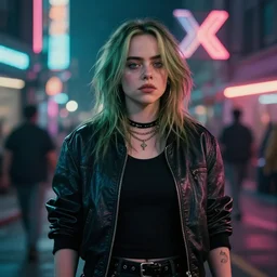 billie elish in a cyberpunk street, movie still, photorealistic, photography, cine still, 8 k, imax picture, dramatic lighting, volumetric lighting, shallow depth of field