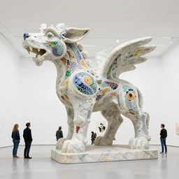 establishing wide view shot of stunning massive intricate fascinating sculpture of an abstract marble creature with colored glass mosaic tiles by * francesco somaini * in huge empty white space. with collaboration of ellen jewett, zhelong xu, edouard martinet