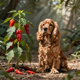 cocker spaniel dog interbred with a habanero chili plant sitting in the sun, sci fi