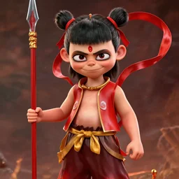 a masterpiece portrait of nezha, red cloth around his shoulders, hold spear, cinematic, fantasy character portrait, highly detailed, by ne zha ( 2 0 1 9 ), fenghua zhong,