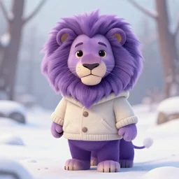 a cute, well - drawn, professionally painted anthropomorphic purple albino lion wearing a cute cozy winter outfit, winter atmosphere, furry fandom, furaffinity, digital painting, digital art, detailed, high - resolution