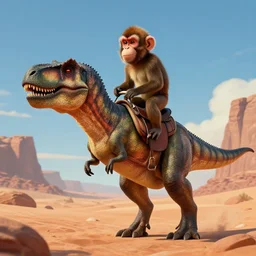 Monkey riding T-Rex, Tyrannosaurus rex, saddle, mounted, digital art, Utah desert, monkey, monkey riding t-Rex, 8k