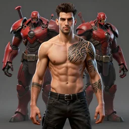 Skinny Ripped Physique Portrait Aziz Shavershian Zyzz unreal engine 4 tribal tattoos Overdrive Final Fantasy tactics Portrait of Red Titan being summoned Dave Dorman Donato Giancola Ruan Jia borderlands cel-shaded
