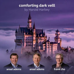 comforting dark violet by harold harvey, by ansel adams, by frank cho. a beautiful assemblage of a castle in the clouds.