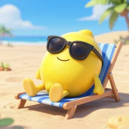 3D render, disney pixar movie still, lemon character relaxing on a beach wearing sunglasses