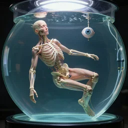 a full body human without skin floating in a circular glass tank, nerves caress the bones of the being, one eye, suspended, clear liquid, attached to tubes and cables, hyperealism, unreal engine, intense detail, clear image, high octane render, anatomically correct