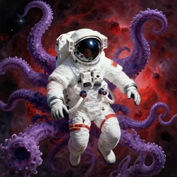 sci - fi art, russian cosmonaut in space, surrounded by purple tentacles, red nebula in the background, art by ismail inceoglu