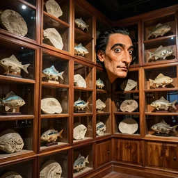 Wall full of wooden glass cabinets with fish fossils, by Dali, dramatic lighting, photorealistic, wolumetric lighting, high detail, cinematic feel, wideshot, high octane, 4K, Unreal Engine, digital render, intricate, ultra realistic