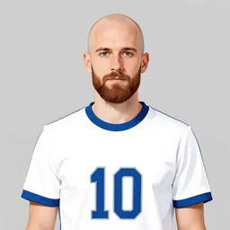 teemu pukki. 3 0 year old bald with beard. white and blue shirt. number 1 0. illustrated by albert edelfelt