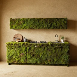kitchen made of moss, octane render, trending on artstation, very rough sand on wall, flooring made of hard sand