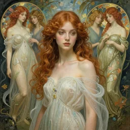 beautiful young goddess by zdzisław beksinski, iris van herpen, jean delville, jeffrey smith, frank cadogan cowper, and alphonse mucha, detailed whimsical ethereal beautiful portrait, beautifully lit, visionary, ai biodiversity, otherworldly, surreality, wonderful dreamscape