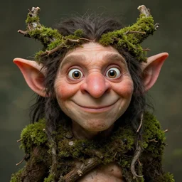 a friendly goblin elf with a big ( ( human ) ) nose and wide eyes, dark hairs, big ears, covered in branches and moss, portrait by daniel docciu and dave dorman and jeff easley