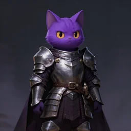 squiggly purple cat wearing medieval suit of armor, illustration, concept art, art by wlop, dark, moody, dramatic