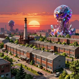 a beautiful ultradetailed rendering of industrial architecture barracks architecture city by robert venturi, reclaimed by nature cyberpunk crystal alien sunset, archdaily, wallpaper, highly detailed, trending on artstation.