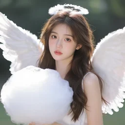 girl angel with wings of cotton candy, gorgeous face, surreal beauty