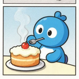 scanned image of newspaper cartoon strip, in colour, half tone, blue cute robot bakes a cake but cannot eat it, mcbess