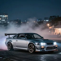 a car Laurel twin turbo drift at illegal car meet, Chibi prefecture, city midnight mist lights, cinematic lighting, photorealistic, highly detailed wheels, high detail