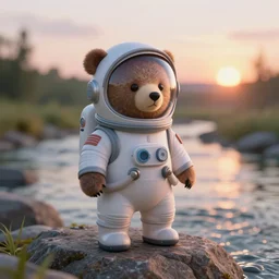 a humanoid small bear wearing a space suit without helmet on a rock in front of a river at sunset, macro photo, hyperrealistic, concept art, octane render, unreal engine 5, trending on artstation, high quality, highly detailed, 8 k, anatomically correct, five fingers, soft lighting, soft colors, river in the background, path traced, godrays, bloom