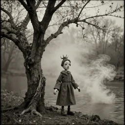 photographic portrait antique puppet sad twisted trees, rivers of smoke
