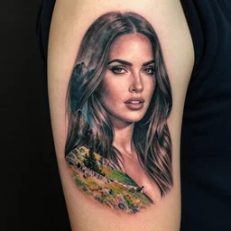 creative double exposure effect tattoo design sketch of megan fox blended in beautiful mountain scenery, realism tattoo, in the style of matteo pasqualin, amazing detail, sharp