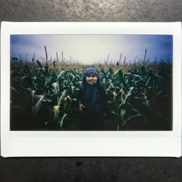 dark old polaroid of an weird monster in an corn field, rain, pictorialism, desolate