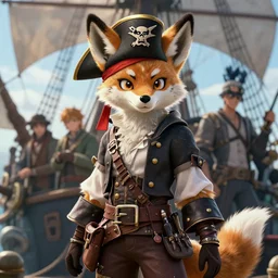 beautiful portrait of a female anthropomorphic coyote fursona wearing pirate clothes on a pirate ship. character design by charlie bowater, ross tran, artgerm, and makoto shinkai, detailed, soft lighting, rendered in octane
