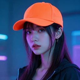 beautiful portrait of a cyberpunk female, neon orange baseball cap by Marco Mazzoni and Hannah Yata