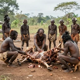 A goblin tribe carves up a hunted animal, anthropology photograph, wide shot