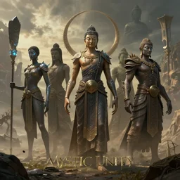 concept art for a video game called mystic unity, illustrative visionary characters, elongated arms with cryer augmentations, barbarian buddhas in cinematic epic landscape