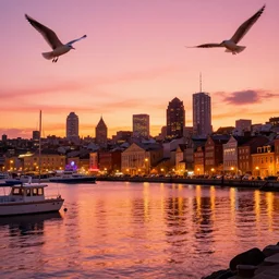 the city lights were bright pink and orange and shone overhead. the harbour looked beautiful the sun reflecting off of the water and the neon lights of the city gave of a warm feeling as the giant birds are landing, trending on artstation