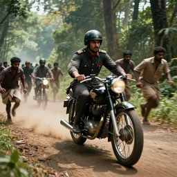 a british officer driving a motorcycle at high speed in 1921 in kerala forest road, local people chasing to attack, furious action scene, chase, an epic fantasy, dramatic lighting, cinematic, establishing shot, extremely high detail, photorealistic, cinematic lighting, artstation, by simon stalenhag, shadow of the tomb rider