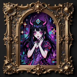 baroque bedazzled gothic royalty frames surrounding a pixelsort emo demonic horrorcore japanese beautiful fairy kei doll, sharpened early computer graphics, remastered chromatic aberration