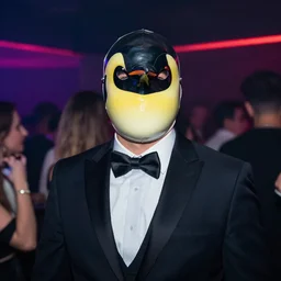 photo of a man in a suit wearing a latex mask of a emperor penguin, at a nightclub, back photo
