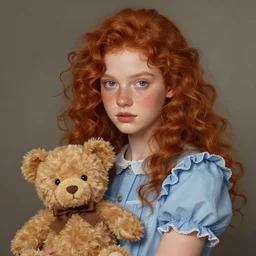 a digital matte painting of an young beautiful face girl, with curly red hair, freckles, blue frilly dress holding teddy bear, by magali villeneuve
