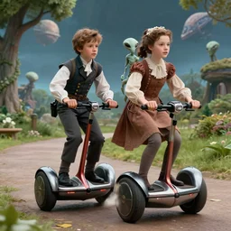 detailed, sharp, a boy and a girl, riding their hover bikes with their pet humanoid alien, wearing 1860s era clothes, in a park on an alien planet, extremely highly detailed, hyperrealistic, highly detailed faces, 70 mm still from a period sci fi movie, 4k
