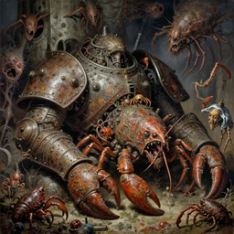 painting varied filthy rugated armored machine - crustaceans clawing & terrified as massive brutalist structure, claustrophobic cilia sporing pox, evil, clustered horror, by virgil finlay, vincente b ballestar, by francesco blanc, geof darrow, bisley, & by jack gaughan high resolution, hyper detailed, cinematic, ornate masterpiece,