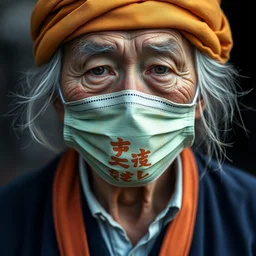 an elderly man wearing a mask made from chinese buffet, bold natural colors, national geographic photography, masterpiece, 8 k, raw, unedited, symmetrical balance