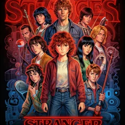 Stranger Things poster by Matt Groening, high resolution, hyper detailed, intricate, illustrated, all cast members !n-9