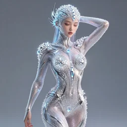 full body detailed, ethereal, futuristic, covered in sparkling gems glowing, chrome metal accessories, highly detailed 4 k face, elegant seducing pose, intricate, extremy detailed, beeple, cgsociety, 3 d unreal engine octane render. cinematic lighting, highly detailed 4 k art