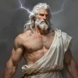 painted portrait of rugged [ zeus ], god of thunder, greek god, white hair, masculine mature ruggedly handsome barrel chested beefy brawny [ chest hair ] upper body [ [ relaxed ] ] torso robe fantasy intricate elegant highly detailed digital painting, artstation, concept art, smooth, atmospheric lighting sharp focus illustration art by craig mullins greg rutkowski