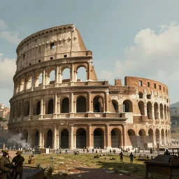 steampunk illustration of colosseum in rome, steampunk city in the background, matte painting, high detail, steam, dreamy, natural light, artstation