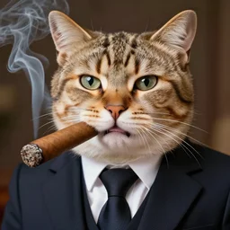 a high detail closeup shot of a cat wearing a suit and smoking a cigar