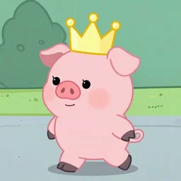 walking pig wearing a crown in the style of my little pony cartoon