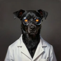a digital painting of a demonic lap dog, glowing eyes, labcoat, round glasses, hyper realistic, detailed, in the style of greg rutkowski