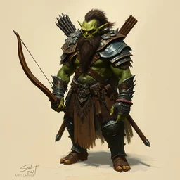 an orc warrior with leather armor and long bow, head and torso concept character art by bob eggleton and michael garmash, trending on artstation