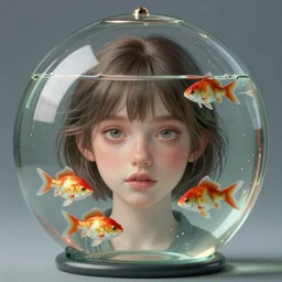 a portrait of a girl with fish inside her rounded glass digital art, trending on art station, high detailed